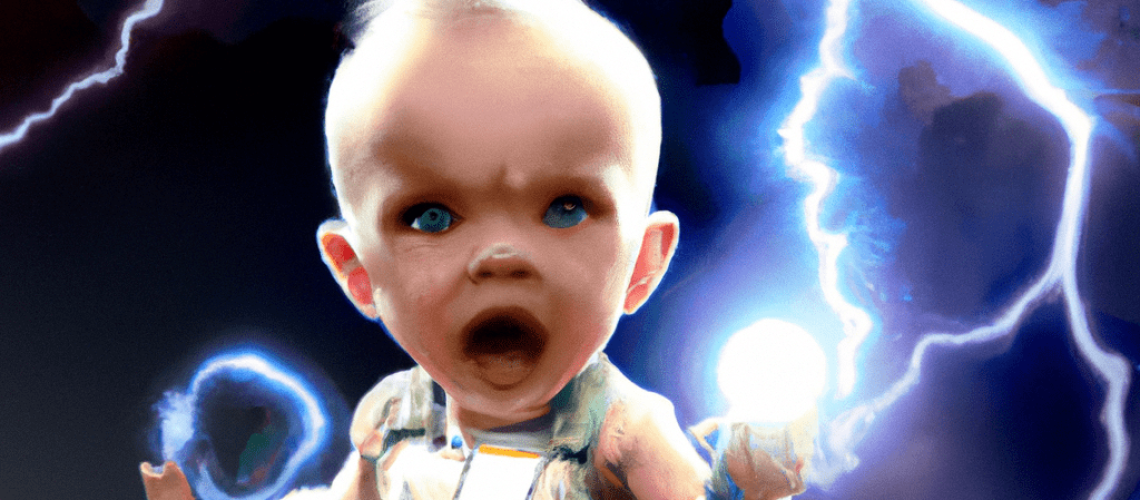 DALL·E 2022-12-13 00.23.53 - a baby god of thunder holding lightning jumping into battlefield, pacifiers in mouth, dark lightning storm cloud background, glowing eyes, digital art cc